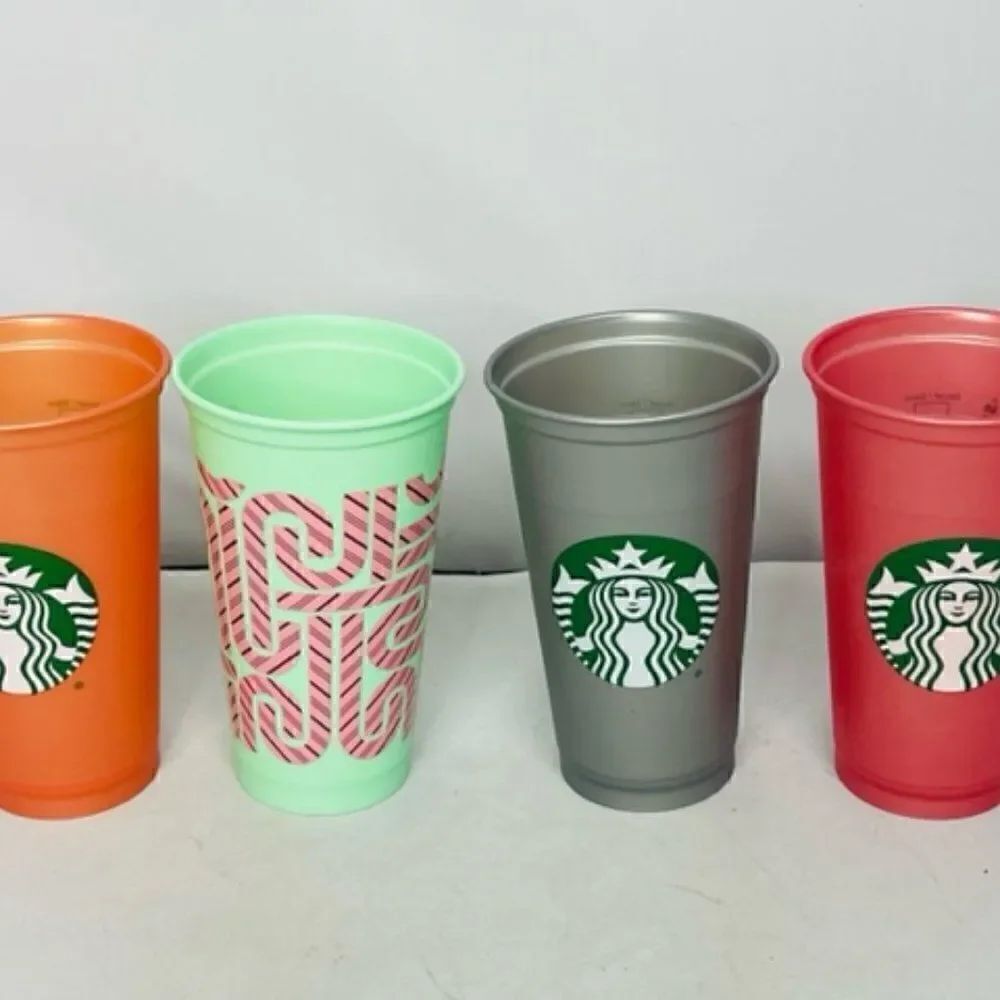 2013 Set of 4 Starbucks Reusable 16oz Plastic Coffee Cups Tumblers No Lids This